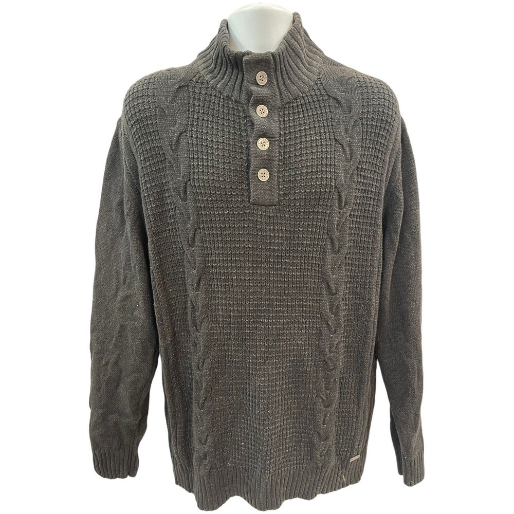 JB HOLT Buckle The Lincoln Mens Sweater XL Gray 1/4 Button Mock Neck Cable Knit